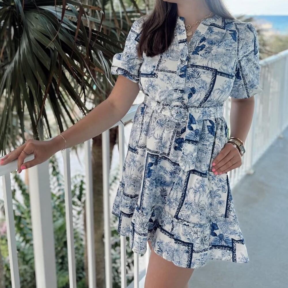 Joie Toile Printed Blue White Belted Mini Dress Size 10